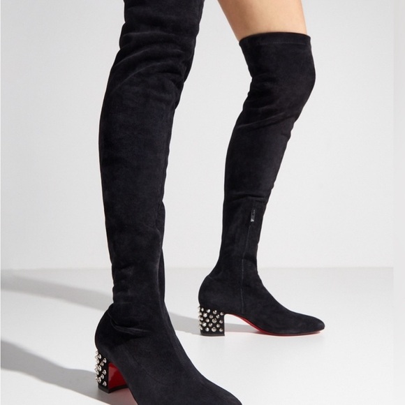 Christian Louboutin Black Over the Knee Boots Chunky Heel Metallic Studs - Picture 4 of 5